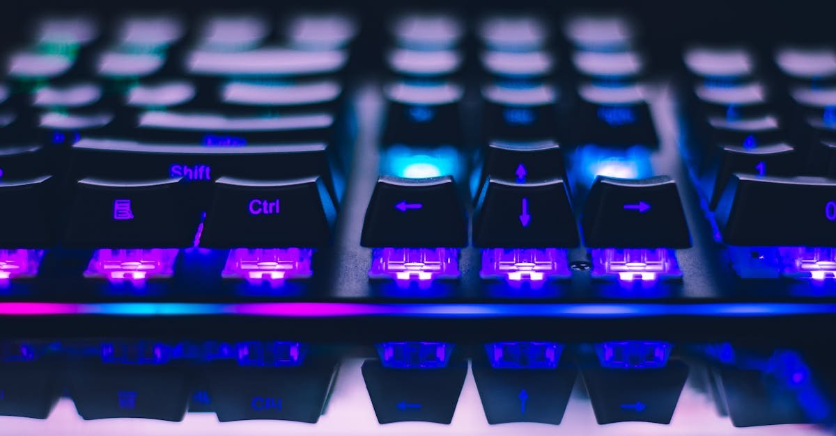 A detailed close-up of illuminated mechanical keyboard keys with focus on blue and purple lights.