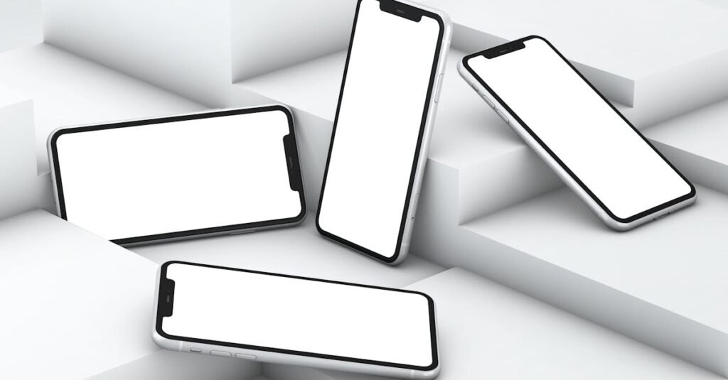 Four smartphones with white screens arranged on geometric white steps in a minimalist setting.